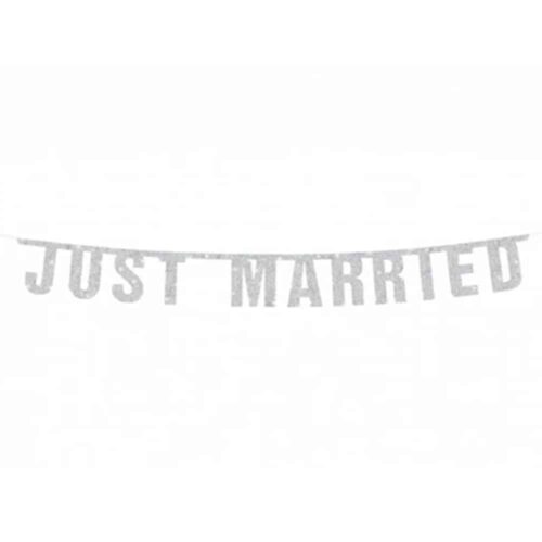 Baner "Just Married", 170 cm, srebrny, brokatowy