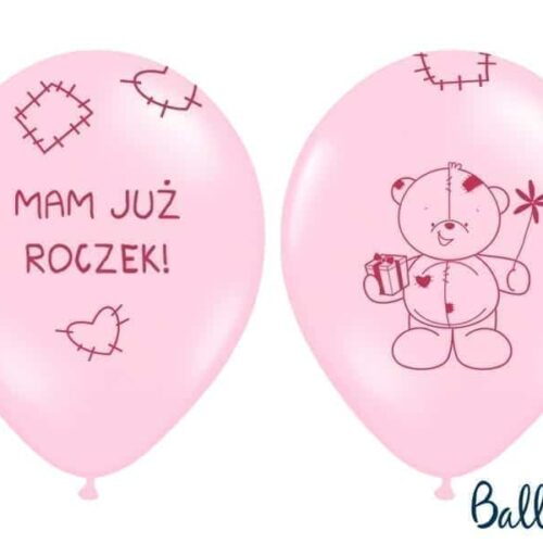 Balon bez helu: Miś - mam już roczek, Pastel Pink, 30cm