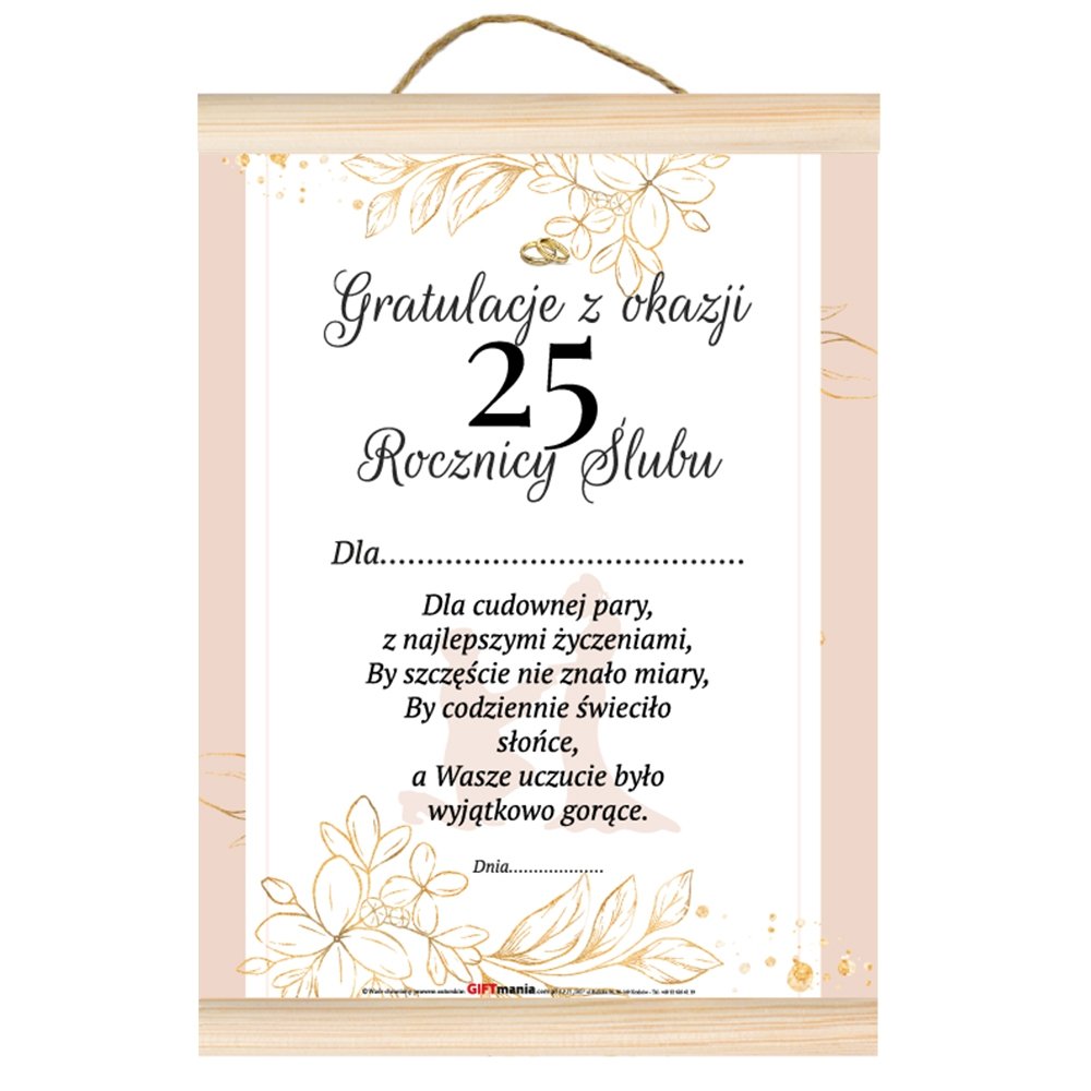 Dyplom A4 – Gratulacje z okazji 25 rocznicy ślubu Dyplomy Szalony.pl - Sklep imprezowy
