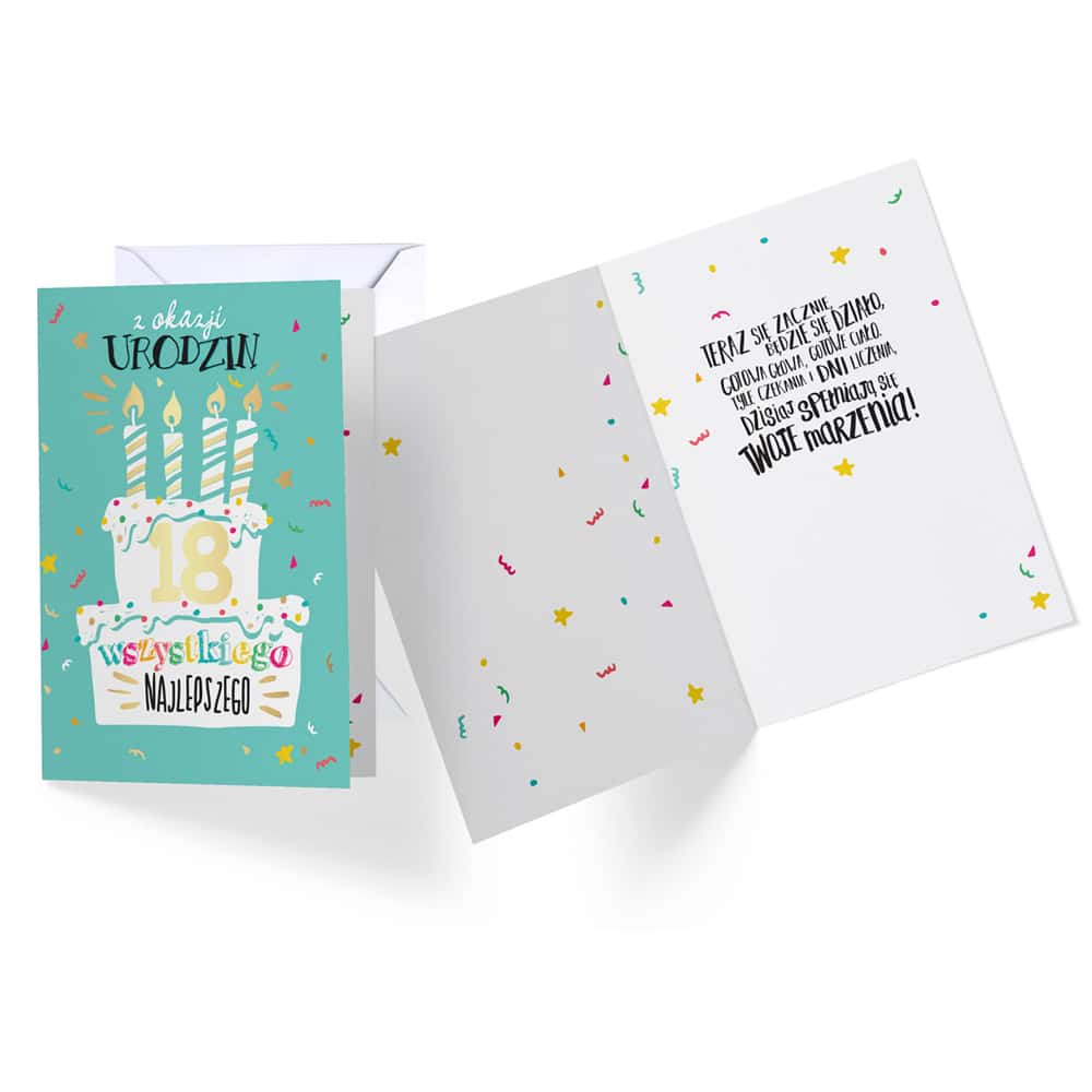 Kartka okolicznościowa – Z okazji 18 urodzin, tort Kartki na 18 urodziny Szalony.pl - Sklep imprezowy
