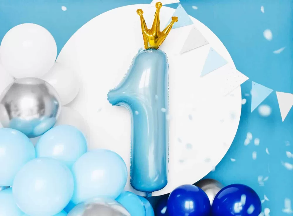 Balon foliowy – Jedynka z koroną, niebieska 12×35″ Balony bez helu Sprawdź naszą ofertę. Sklep imprezowy Szalony.pl. 3