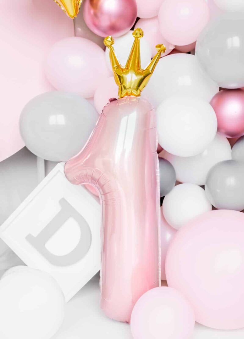 Balon z helem: Jedynka z koroną, różowa, 12×35″ Balony na Urodziny Szalony.pl - Sklep imprezowy 5