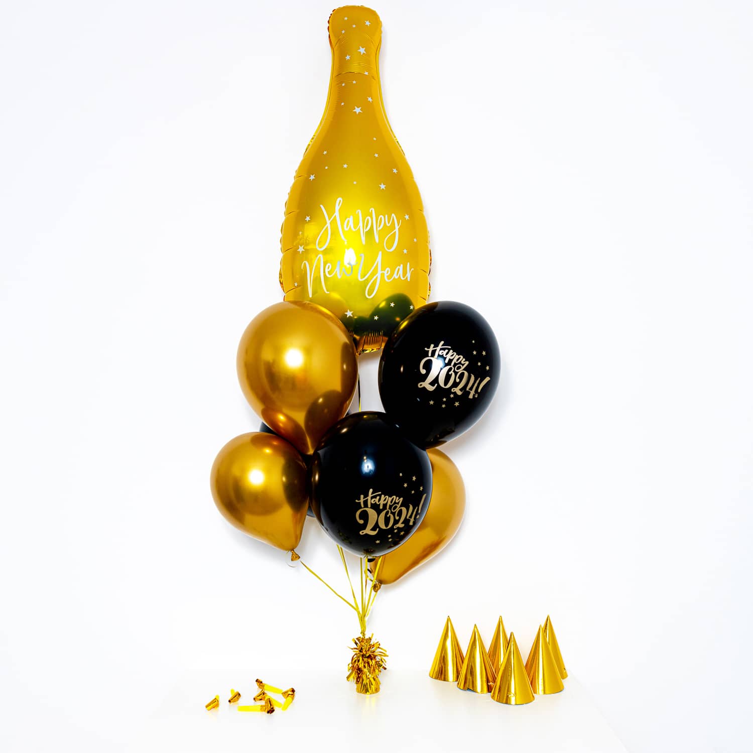 Bukiet balonowy: Mini Gold Bottle 2024, napełniony helem Bukiety balonów z helem Szalony.pl - Sklep imprezowy