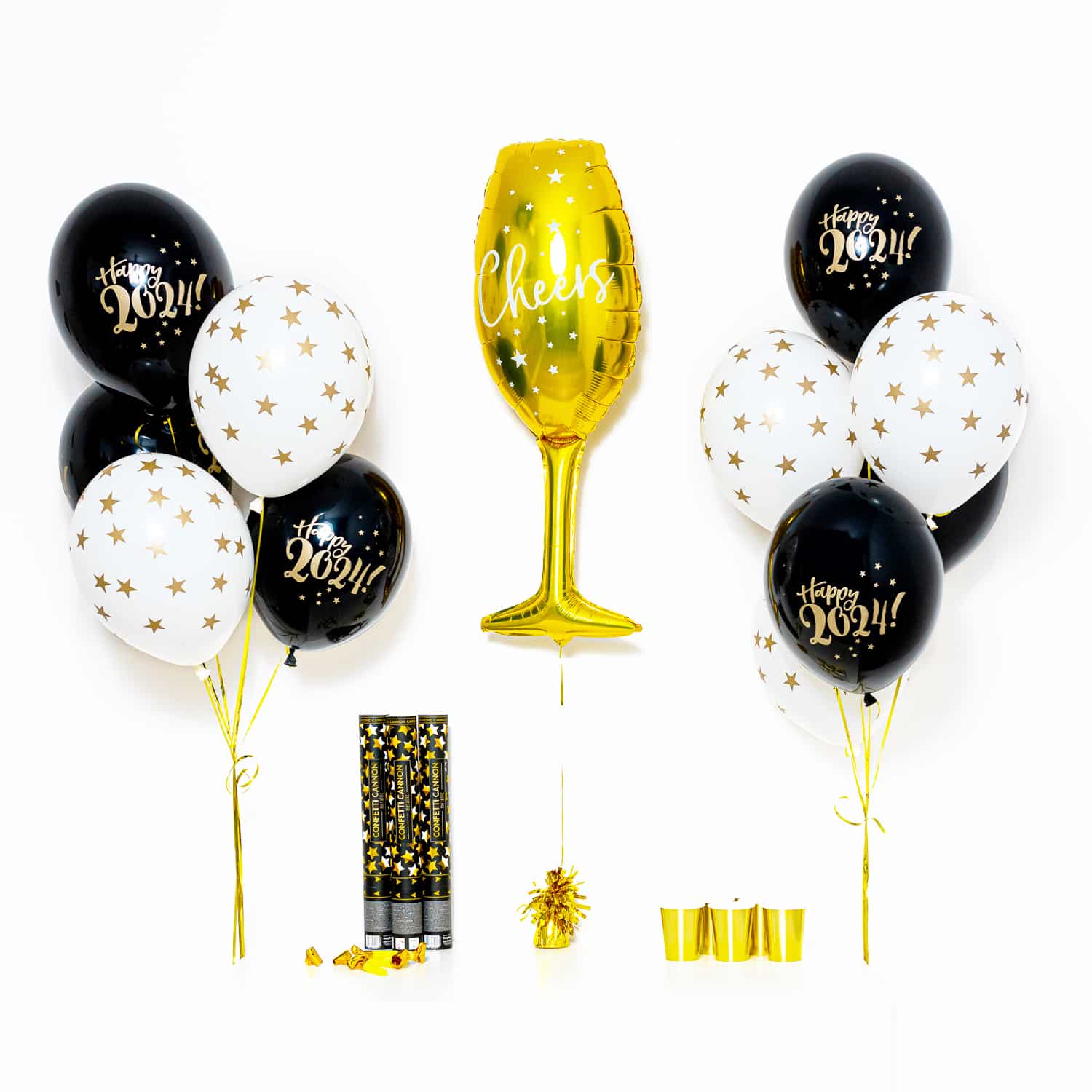 Bukiet balonowy: Medium Gold Glass 2024, napełniony helem Sylwester - Balony z helem Szalony.pl - Sklep imprezowy