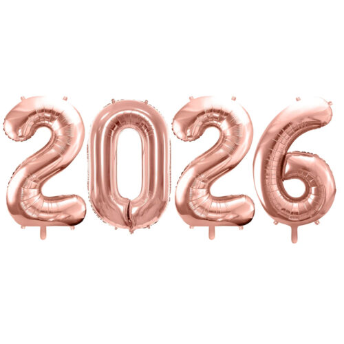 Balony z helem: Zestaw Cyfr "2026" - różowo-złote, 86 cm