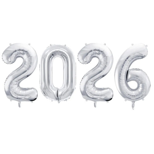 Balony z helem: Zestaw Cyfr "2026" - srebrne, 86 cm