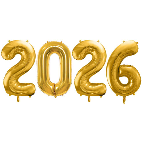 Balony z helem: Zestaw Cyfr "2026" - złote, 86 cm