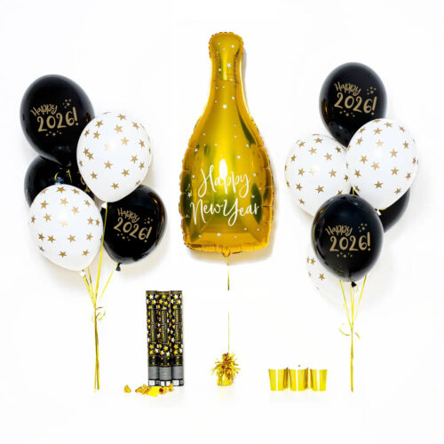 Bukiet balonowy: Medium Gold Bottle 2026, napełniony helem