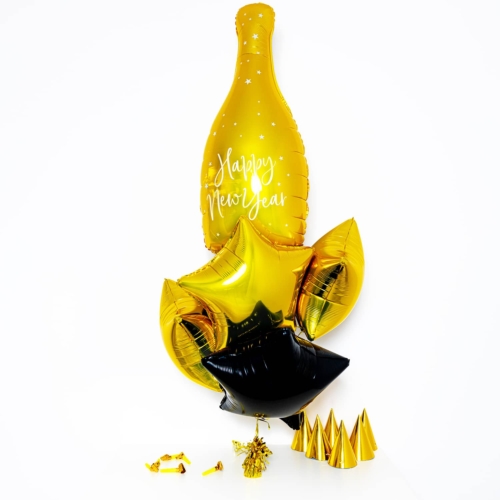 Bukiet balonowy: Small Gold Bottle 2023, napełniony helem Sylwester - Balony z helem Sprawdź naszą ofertę. Sklep imprezowy Szalony.pl.