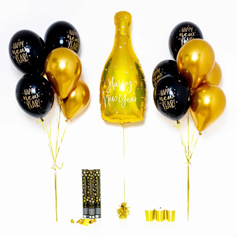 Bukiet balonowy: Gold Bottle 2024, napełniony helem Sylwester - Balony z helem Szalony.pl - Sklep imprezowy 2