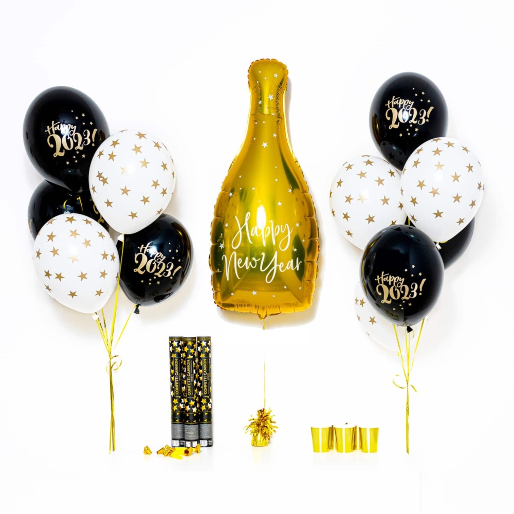 Bukiet balonowy: Medium Gold Bottle 2023, napełniony helem Sylwester - Balony z helem Sprawdź naszą ofertę. Sklep imprezowy Szalony.pl. 2
