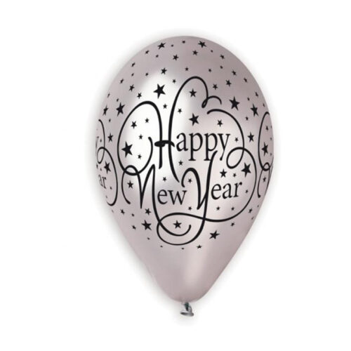 Balon z helem: Happy New Year, srebrny, 30 cm