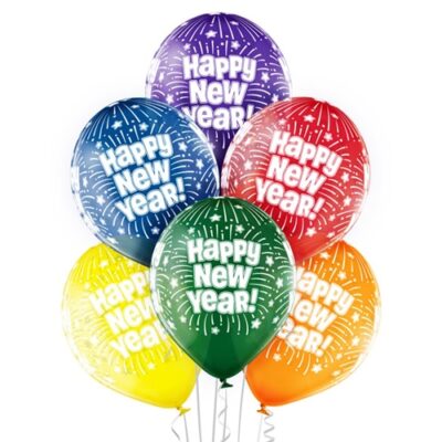 Balon z helem: Happy New Year, kolorowe, 30 cm Sylwester - Balony z helem Szalony.pl - Sklep imprezowy