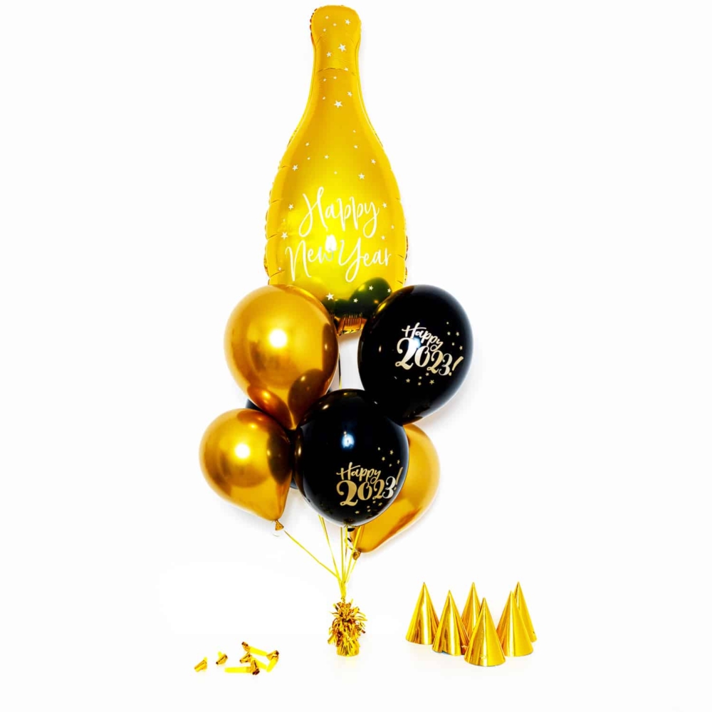 Bukiet balonowy: Mini Gold Bottle 2023, napełniony helem Sylwester - Balony z helem Sprawdź naszą ofertę. Sklep imprezowy Szalony.pl. 2