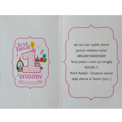 Kartka urodzinowa - 1 urodziny z balonami, różowa