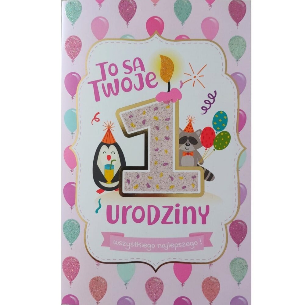 Kartka urodzinowa - 1 urodziny z balonami, różowa
