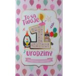 Kartka urodzinowa - 1 urodziny z balonami, różowa