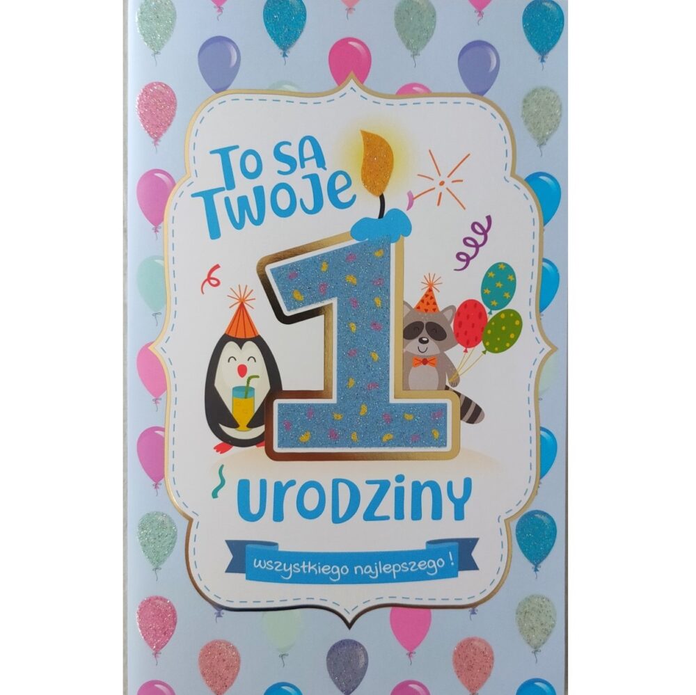 Kartka urodzinowa - 1 urodziny z balonami, niebie.