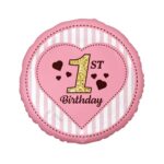 Balon bez helu: 1st Birthday, serce, róż, 18" Balon bez helu: 1st Birthday, serce, róż, 18"