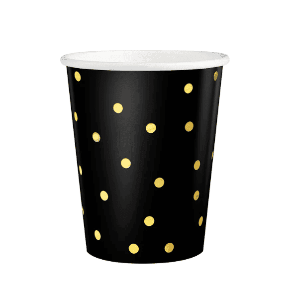 Kubeczki papierowe – Czarne w złote kropki, 220 ml, 6 szt. Kubeczki papierowe Szalony.pl - Sklep imprezowy