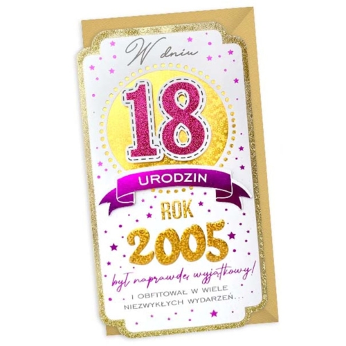 Kartka urodzinowa – Rocznik 2005, różowa Kartki na 18 Sprawdź naszą ofertę. Sklep imprezowy Szalony.pl.
