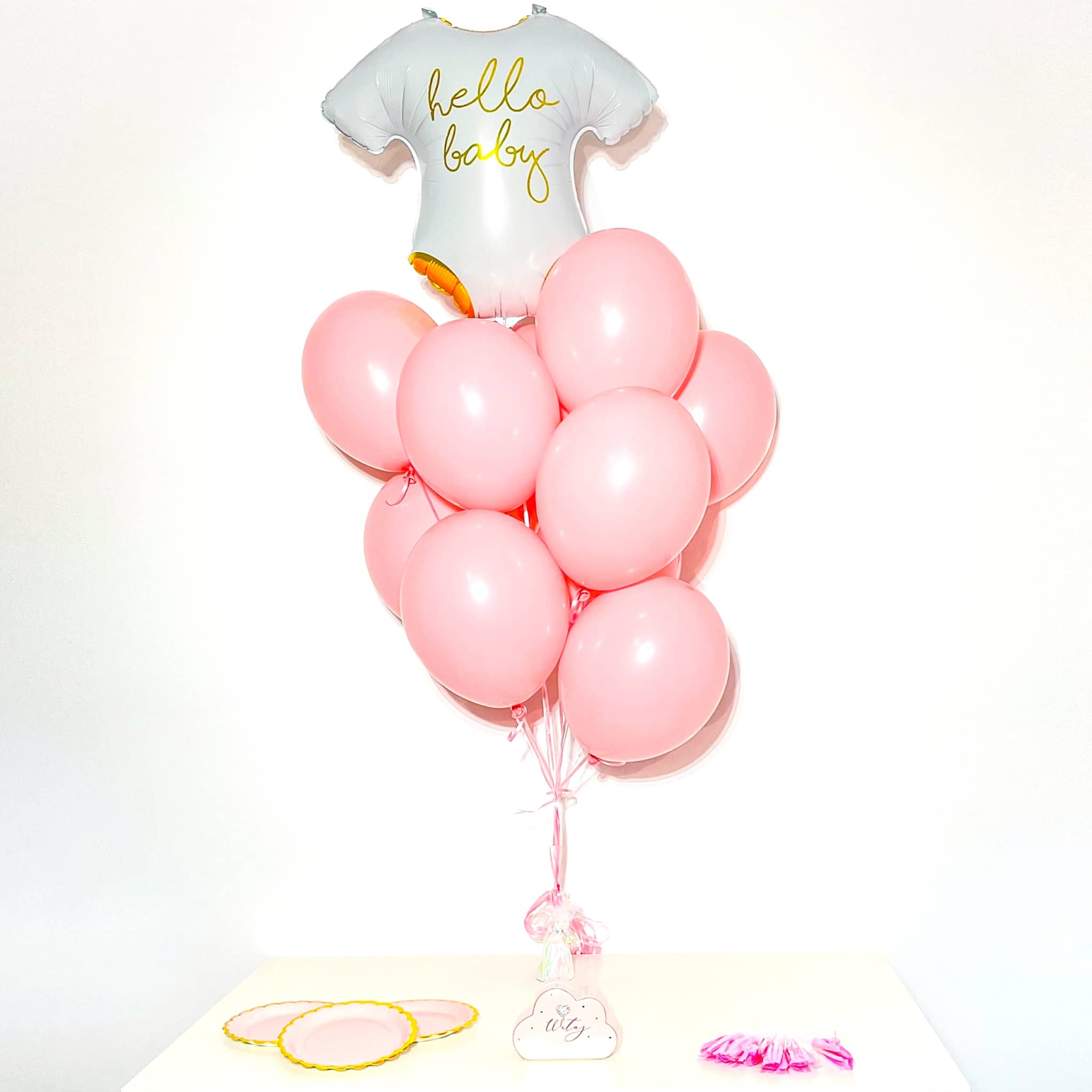 Bukiet balonowy: PINK HELLO BABY, napełniony helem Balony na Narodziny Szalony.pl - Sklep imprezowy