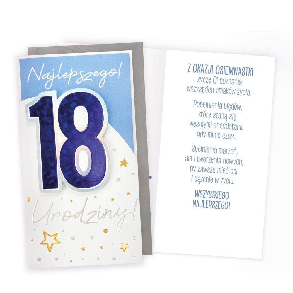 Kartka urodzinowa – 18 urodziny, niebieska Kartki na 18 Sprawdź naszą ofertę. Sklep imprezowy Szalony.pl. 2