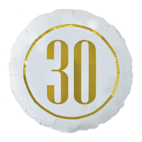 Balon z helem: 30 biała ze złotym napisem, 18″ Balony na 30 urodziny Sprawdź naszą ofertę. Sklep imprezowy Szalony.pl.