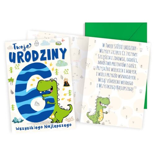 Kartka urodzinowa - 6 Urodziny, dinozaur