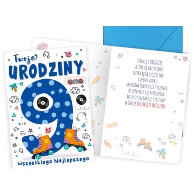 Kartka urodzinowa – 9 Urodziny, wrotki Kartki dla dzieci Szalony.pl - Sklep imprezowy