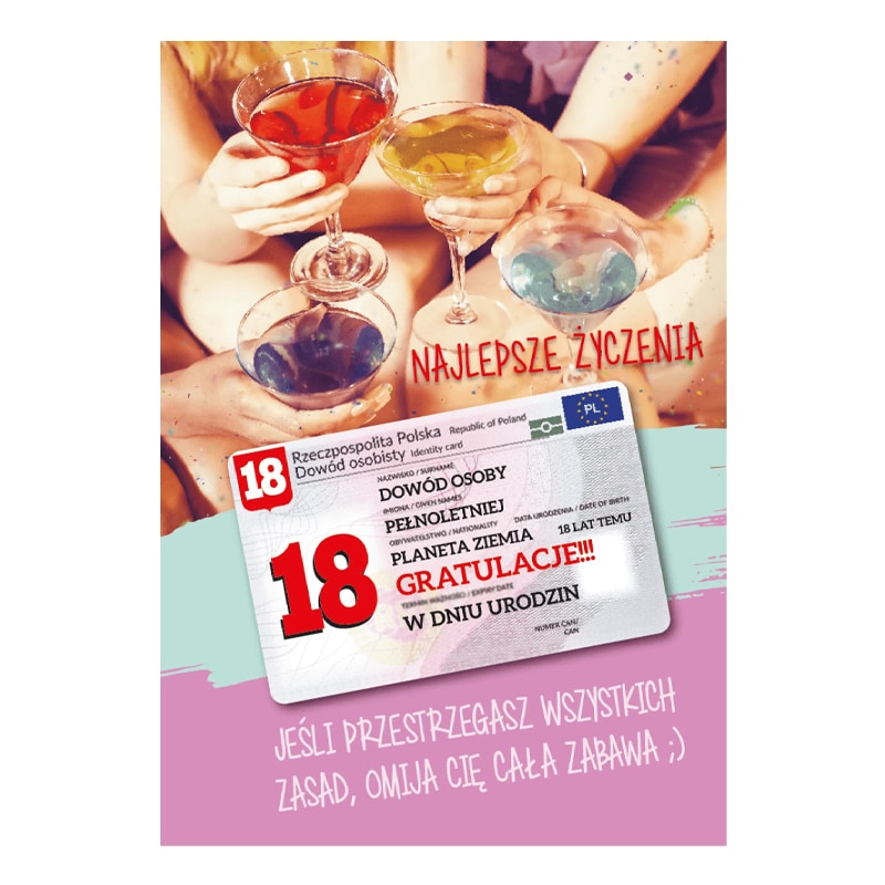 Kartka urodzinowa – 18 lat + dowód osobisty Kartki na 18 urodziny Szalony.pl - Sklep imprezowy