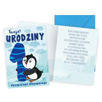 Kartka urodzinowa – Twoje 1 urodziny, pingwin – Kartki na roczek – Szalony.pl