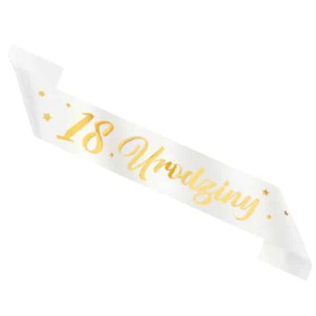 Szarfa – 18 Urodziny, biała, 160x10cm – Prezent na 18 urodziny – Szalony.pl