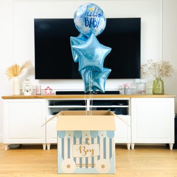 Pudło balonowe: Boy or Girl? Hello Baby, niebieskie, Nr. 12 – Baby shower – Szalony.pl
