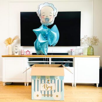 Pudło balonowe: Boy or Girl? Bobas, niebieski, Nr. 14 – Baby shower – Szalony.pl