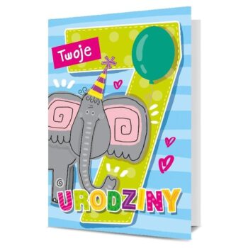 Kartka okolicznościowa – Urodziny 7, słoń – Urodziny dziecięce – Szalony.pl