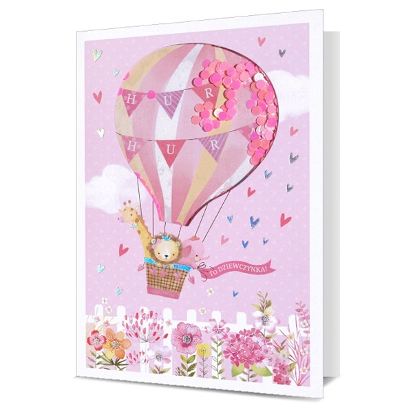 Kartka okolicznościowa – Narodziny, różowy balon z konfetti Kartki na narodziny Szalony.pl - Sklep imprezowy