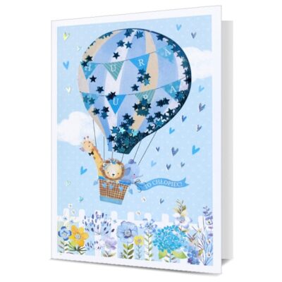 Kartka okolicznościowa – Narodziny, niebieski balon z konfetti Kartki na narodziny Szalony.pl - Sklep imprezowy