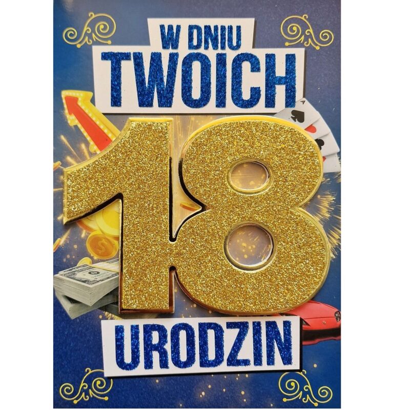 Kartka urodzinowa - 18 urodziny, brokat, męska