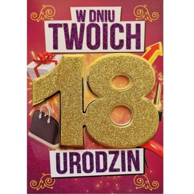 Kartka urodzinowa – 18 urodziny, brokat, damska Kartki na 18 urodziny Szalony.pl - Sklep imprezowy