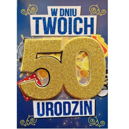 Kartka urodzinowa - 50 urodziny, brokat, męska