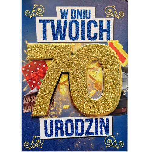 Kartka urodzinowa - 70 urodziny, brokat, męska