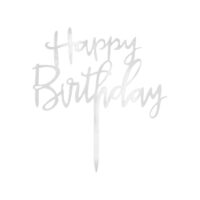 Topper – Happy Birthday, lustrzany, srebrny – Toppery na tort – Szalony.pl