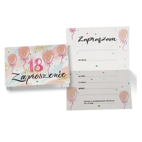 Zaproszenia - 18 lat, balony 5 szt.