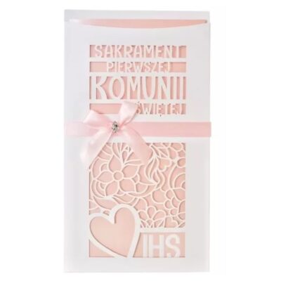 Kartka – Sakrament Pierwsza Komunia Święta, różowa – Kartki okolicznościowe – Szalony.pl