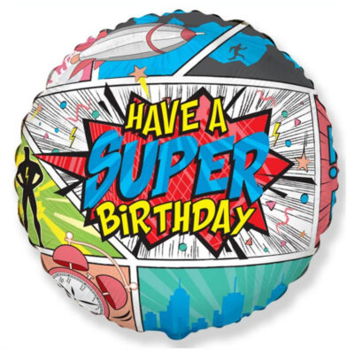 Balon bez helu: Super Birthday, komiks, 18". Szalony.pl - Sklep imprezowy.