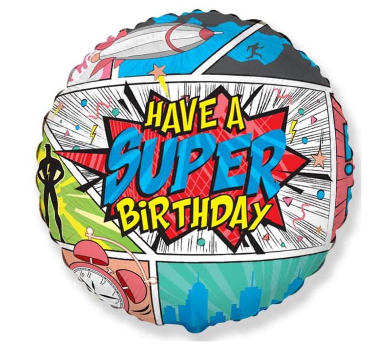 Balon bez helu: Super Birthday, komiks, 18". Szalony.pl - Sklep imprezowy.