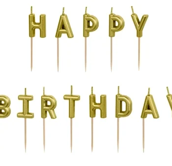 Świeczki urodzinowe – Happy birthday, 2,5cm, złote – Dekoracje imprezowe – Szalony.pl