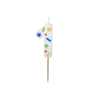 Świeczka "1"- Biała z konfetti, 5.5cm