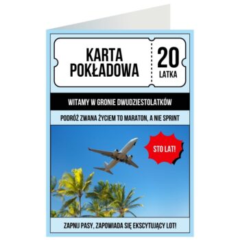Kartka okolicznościowa – Karta pokładowa, 20 lat – Kartki na 20 urodziny – Szalony.pl
